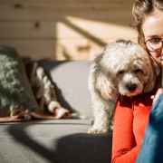 woman with dog researching mortgage interest rates