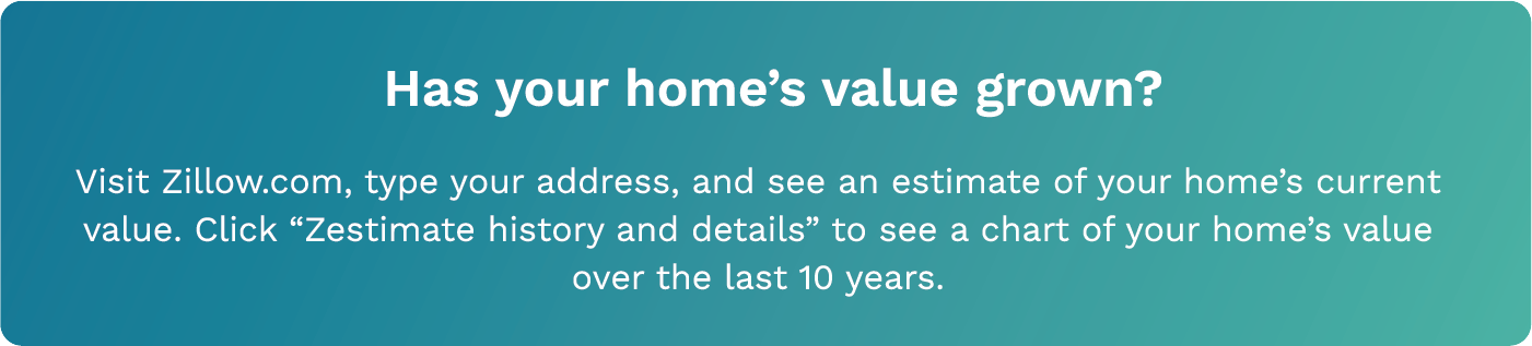 Has your home's value grown? Visit Zillow.com, type your address, and see an estimate of your home's current value. Click "Zestimate history and details" to see a chart of your home's value over the last 10 years.