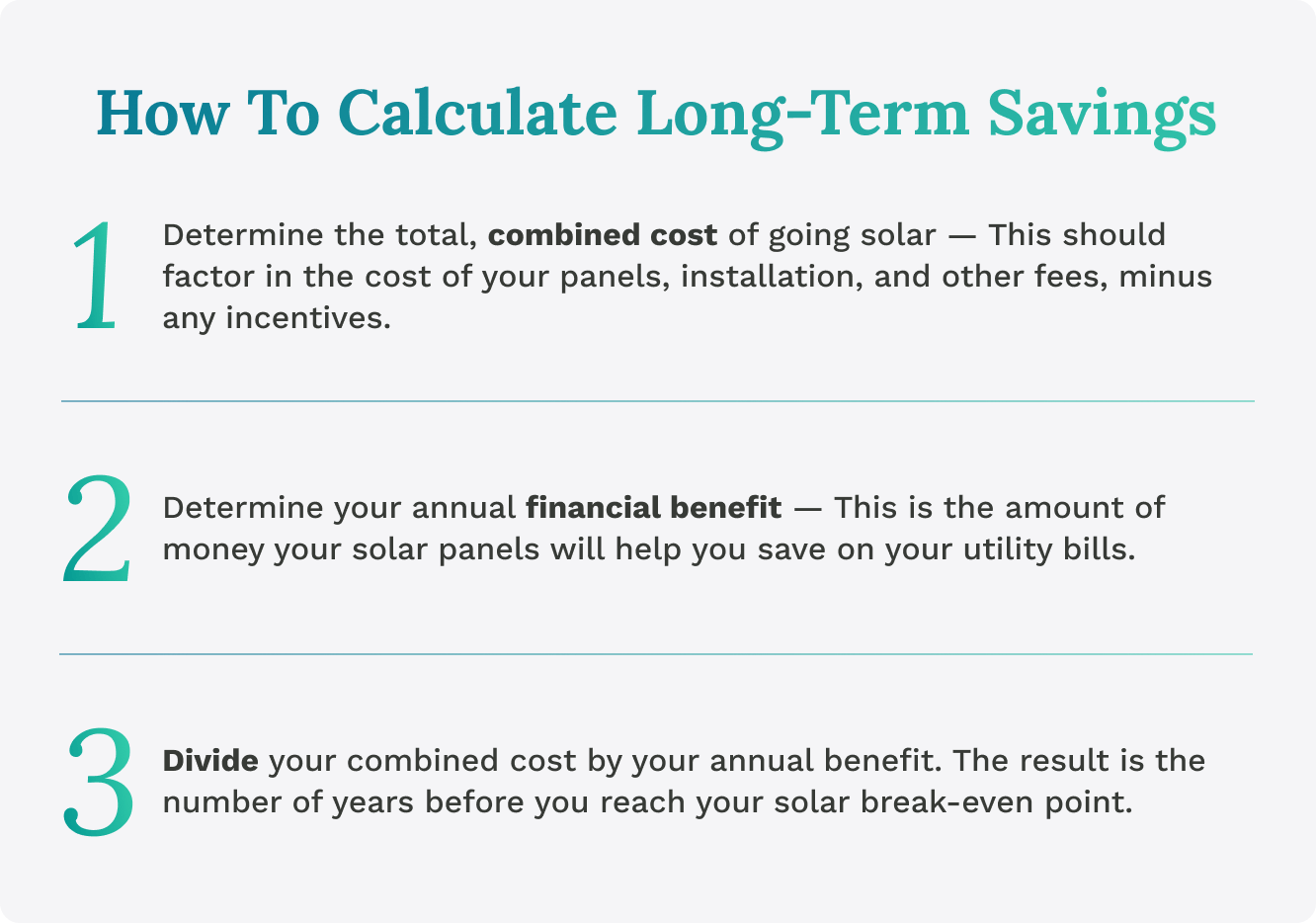 A table showing how to calculate long term savings and break even points for solar panels