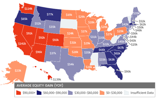 Map of the United States of America showing the average equity gain (YOY) per state